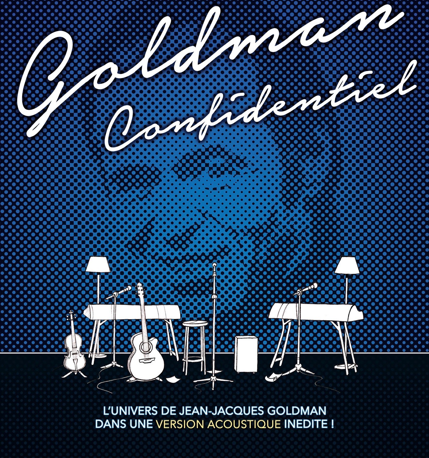 Dessins d'instruments en blanc sur un portrait bleuté de Jean-Jacques Goldman en fond